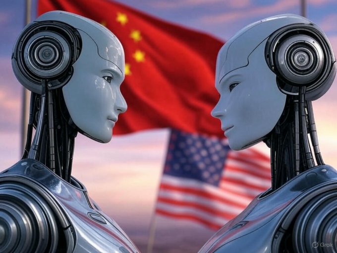 Minh họa robot hình người giữa Mỹ và Trung Quốc. Ảnh: X/Grok