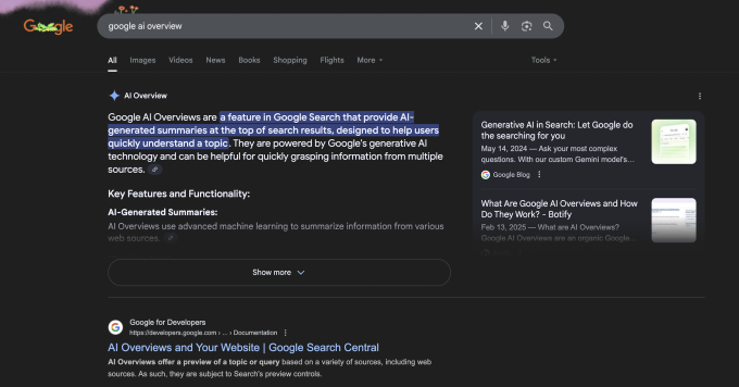 AI Overview của Google làm giảm lượng truy cập vào các trang web. Ảnh: Google